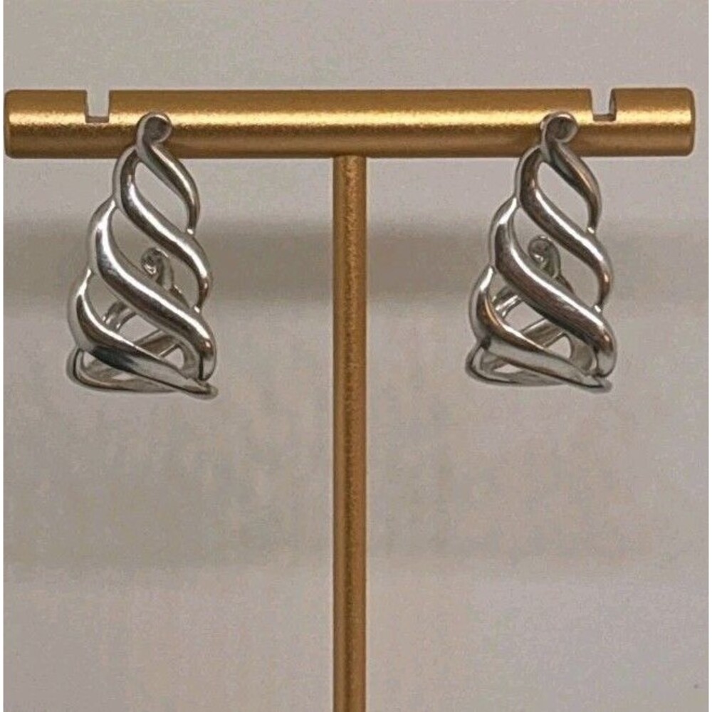 Monet Silver Tone Twisted Ribbon Swirl Xmas Tree Pierced Earrings Signed Vintage